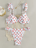 Cherry Printed Underwired V-bar Ruffled Bikini Women Swimwear Female Swimsuit Two-pieces Bikini Set Push Up Bathing Suit Swim