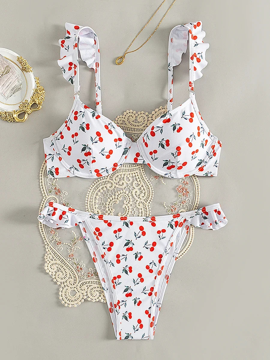 Cherry Printed Underwired V-bar Ruffled Bikini Women Swimwear Female Swimsuit Two-pieces Bikini Set Push Up Bathing Suit Swim