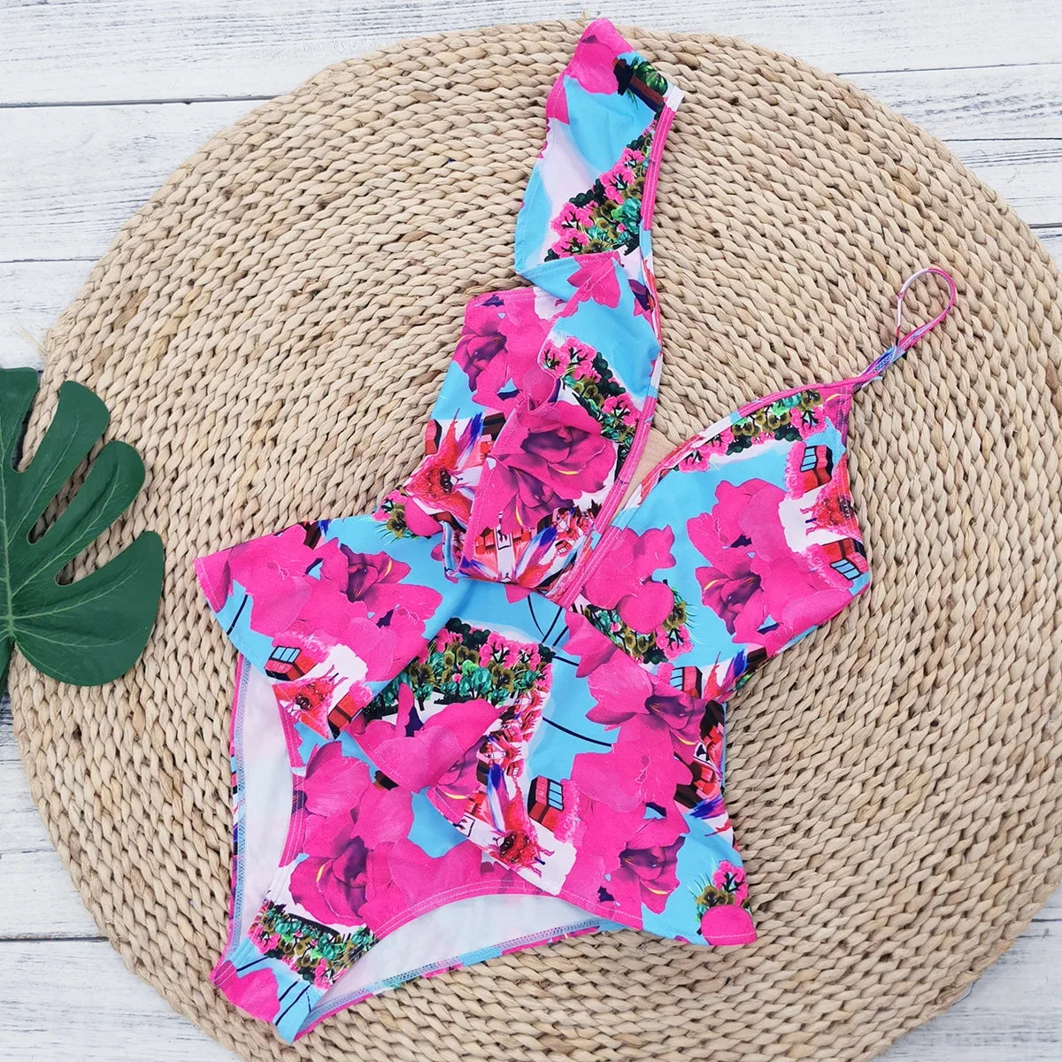 Sexy Ruffle Shoulder Swimsuit V-Neck Swimwear Women Backless Push Up Bathing Suit  Beach Wear 2024 Female Swimming Suit