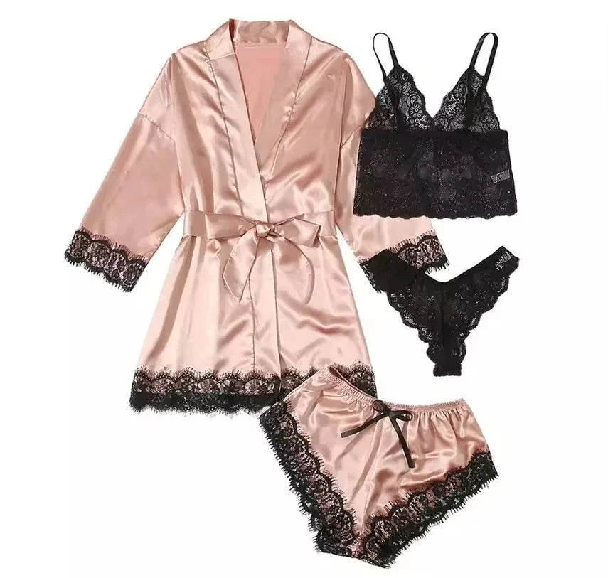 4pcs Women's Elegant Nightgown Pajama Set - Long Sleeve Lace Trim Bathrobe & Underwear, Soft Sleepwear for All-Season