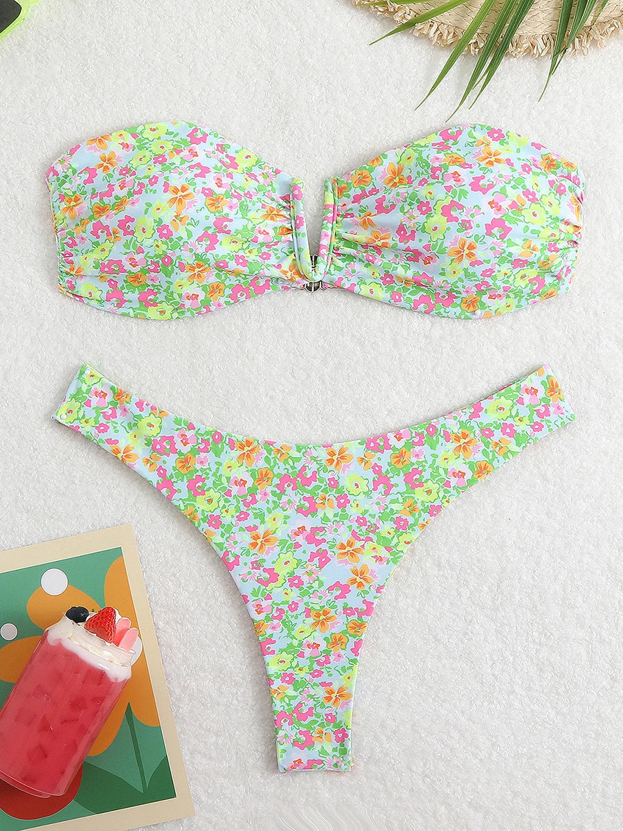 Floral Bandeau Thong Bikini 2025 Sexy Swimsuit Women Brazilian Swimwear Female Bathers Bathing Swimming Swim Suit Beachwear