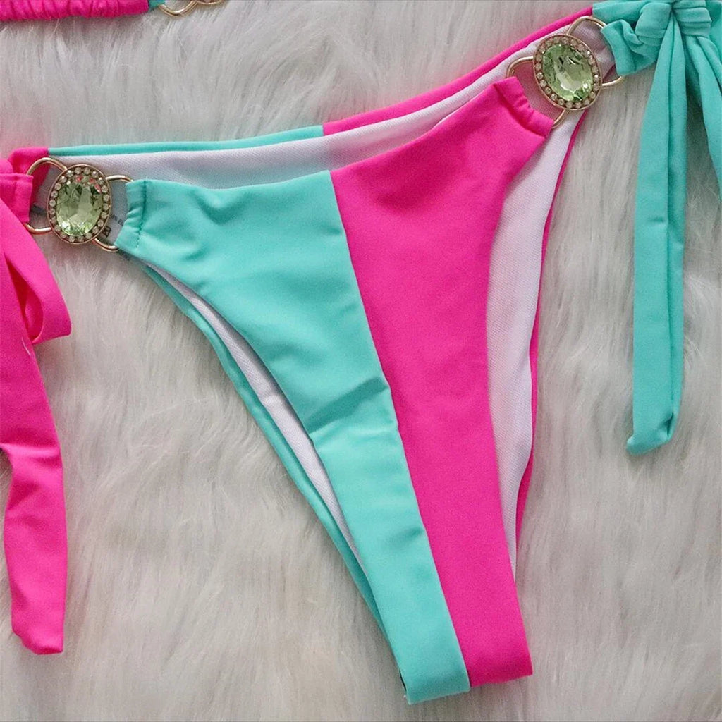 8 Colors Diamond Rhinestones Splicing Bikini Women Swimwear Female Swimsuit Two-Pieces Bikini Set Bather Bathing Suit Swim V5132