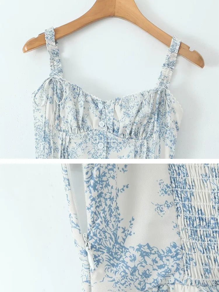 Bowknot Printed Women's Dresses Summer Casual Beach Strap Midi Dress Female Boho Light Blue Buttons Smocked Vestidos 2025