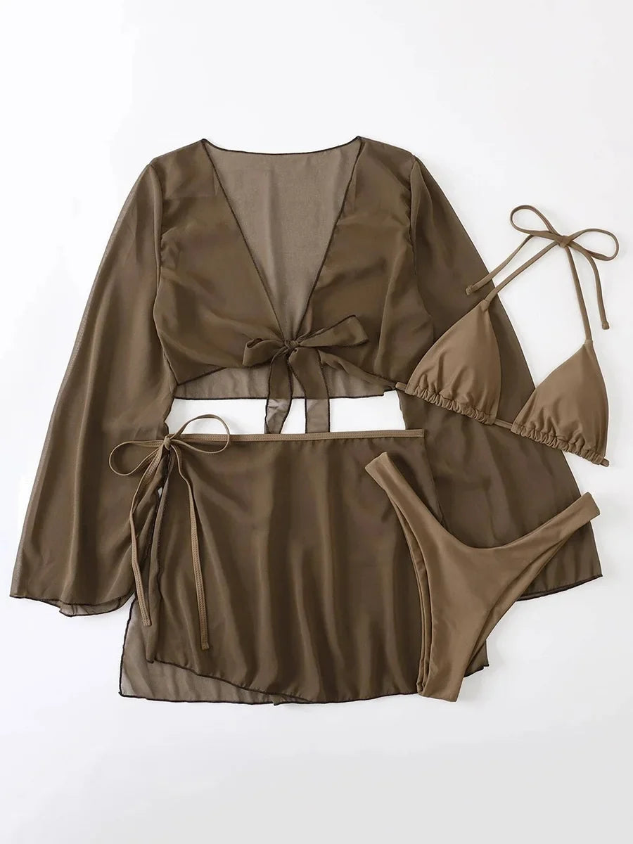 4PCS with Mesh Sarong Cover Up Long Sleeve Bikini Female Swimsuit Women Swimwear Four-pieces Bikini Bathing Suit Swim Beachwear