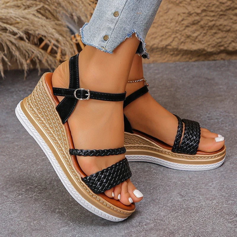 2026 Weave Wedge High Heel Sandals Women Summer Chunky Platform Rome Sandals Woman Plus Size 43 Ankle Buckle Thick Sole Sandles