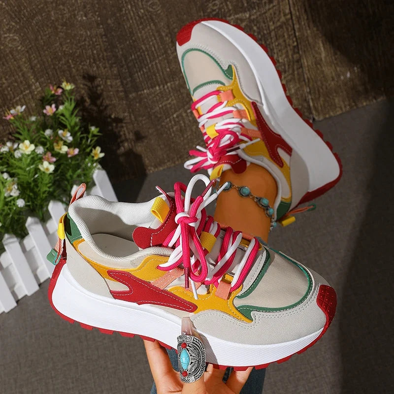New Mixed Color Chunky Platform Sneakers Women 2026 Fashion Lace Up Thick Bottom Vulcanized Shoes Woman Non Slip Old Dad Shoes