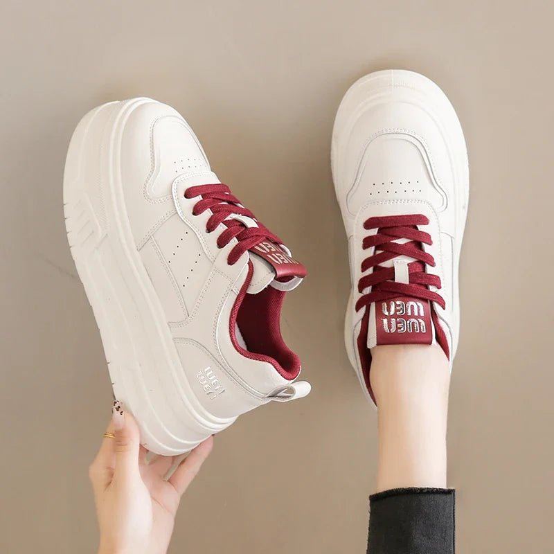 Pu Leather Thick Bottom Sneakers Women 2025 Breathable Platform Vulcanised Shoes Woman Womens All Match Lace Up Casual Sneakers