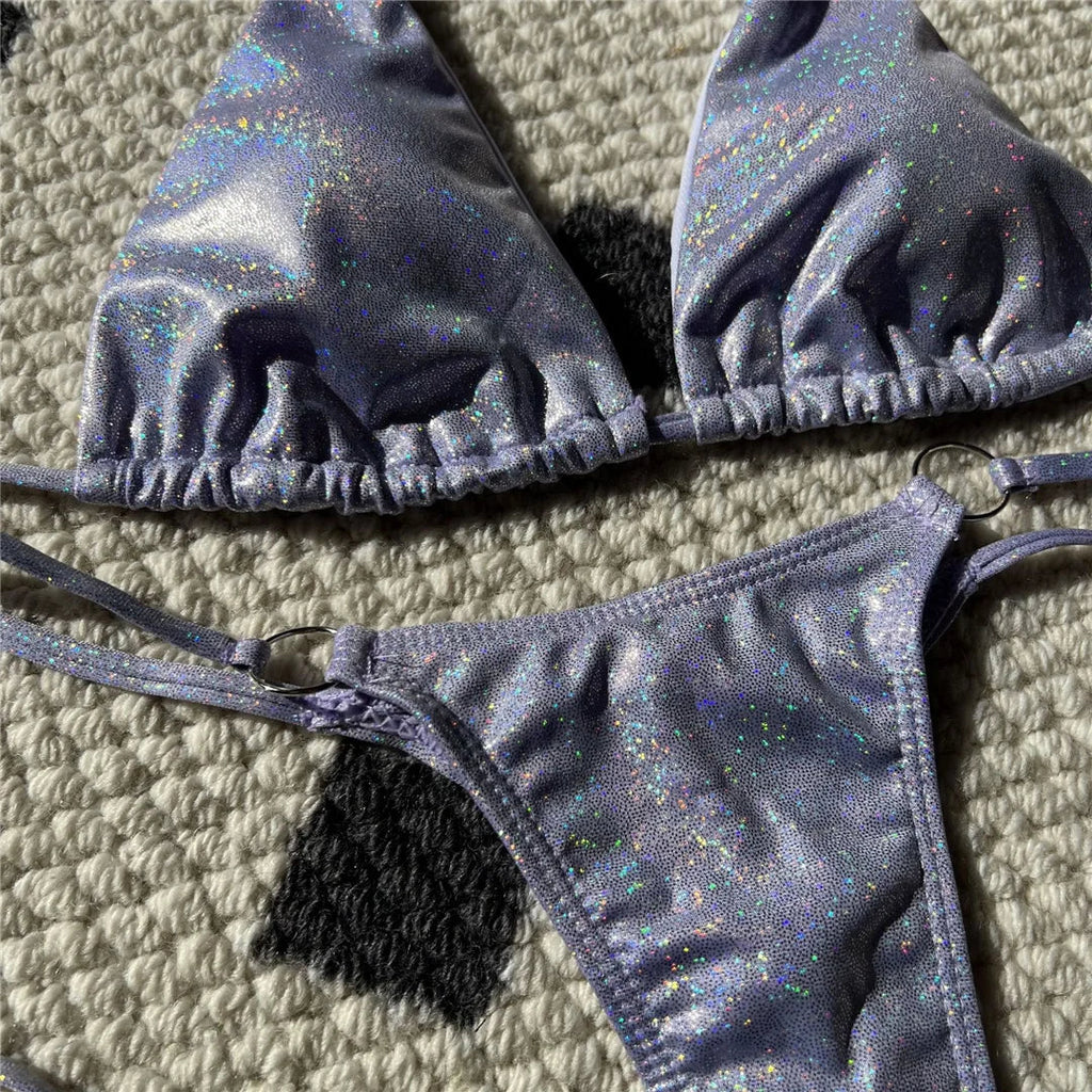 Halter Glitter Sparkling High Leg Cut Bikini Women Swimwear Female Swimsuit Two-pieces Bikini Set Bather Bathing Suit Swim V5102