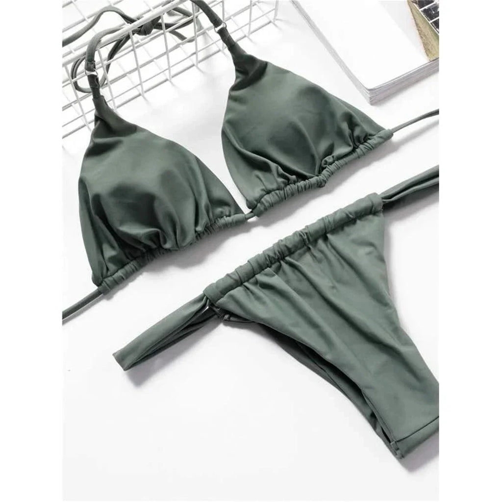Wrinkled High Cut Mini Micro Thong Bikini Women Swimwear Female Swimsuit Two-pieces Bikini Set Halter Bather Bathing Suit Swim