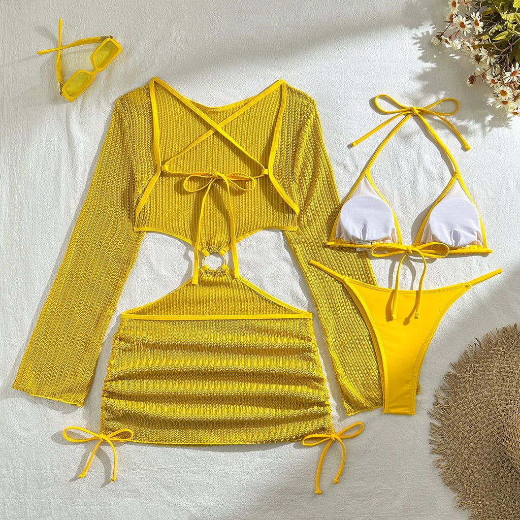 Women micro mini halter bikinis sets 3pcs with knitted long sleeve hollow out mini dress swimsuit bathing suit beach outfits