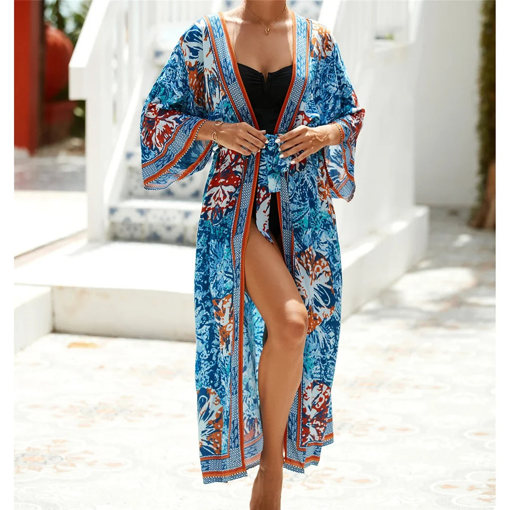 13 Colors Printed With Belt Crochet Knitted Tunic Beach Cover Up Cover-ups Beach Dress Beach Wear Beachwear Female Women K7201