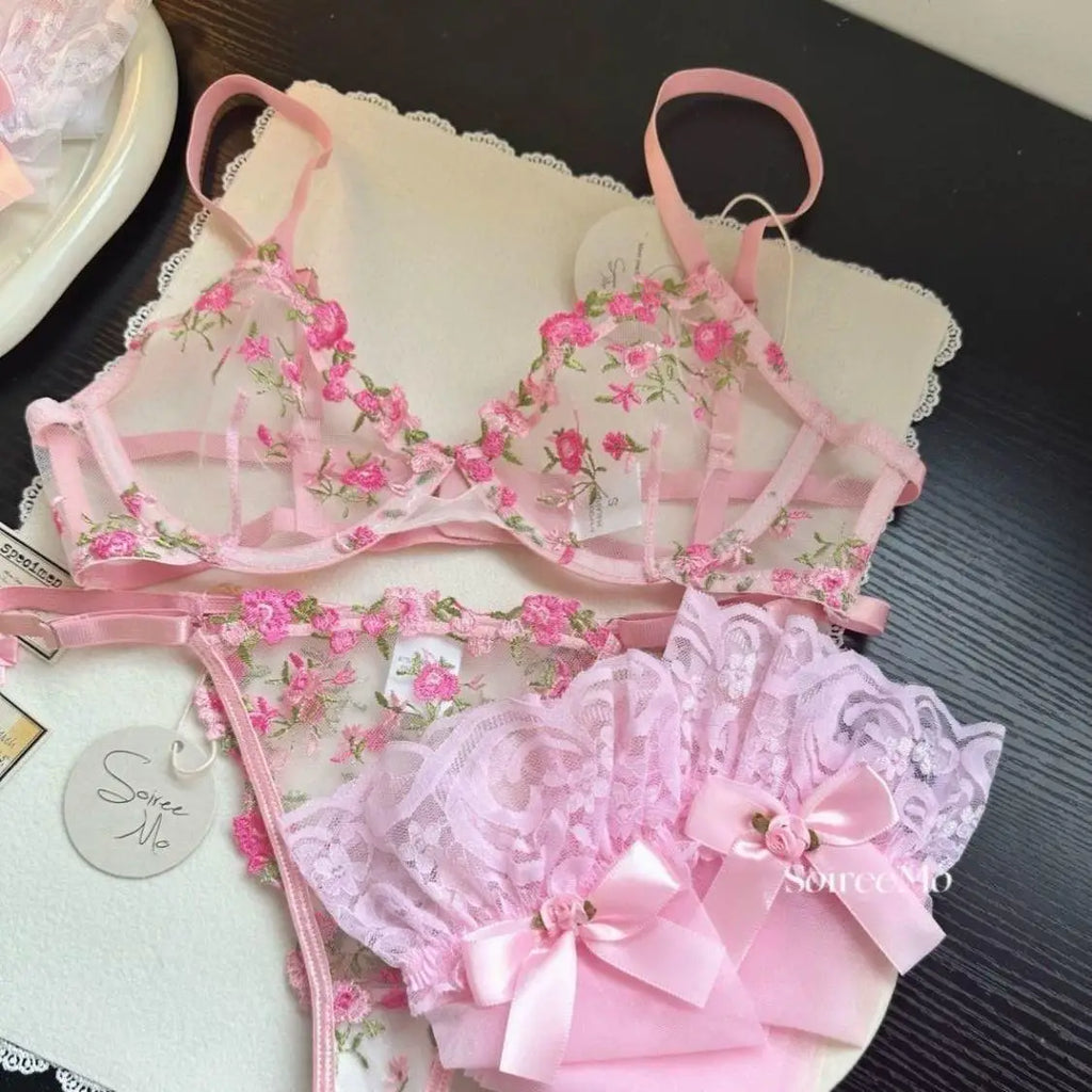 French Floral Lace Bra Set Push Up Underwire Large Bust Sheer Mesh See Through Sexy Bra Embroidery Demi Cup Lingerie Set MOYISU