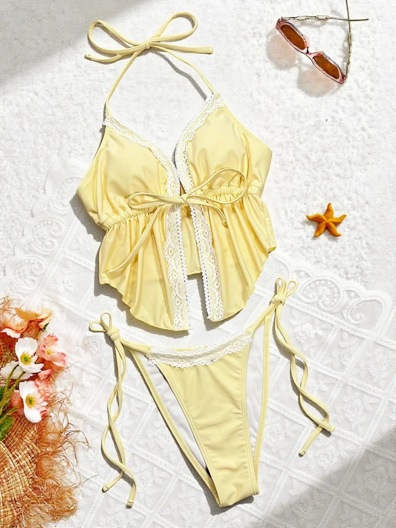 Sexy Triangle Bikini Set Women Yellow Lace Front Tie Push Up Crop Top Micro Swimsuit 2026 Summer Bathing Suit Holiday Swimwear