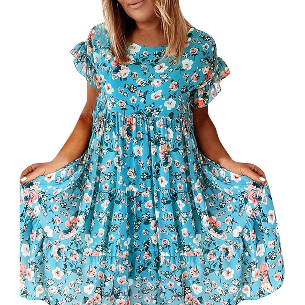 Summer Lady Ruffle Mini A Line Dress Women Casual Floral Print Dresses O Neck Elegant Short Sleeve Midi Dress Vacation Vestidos