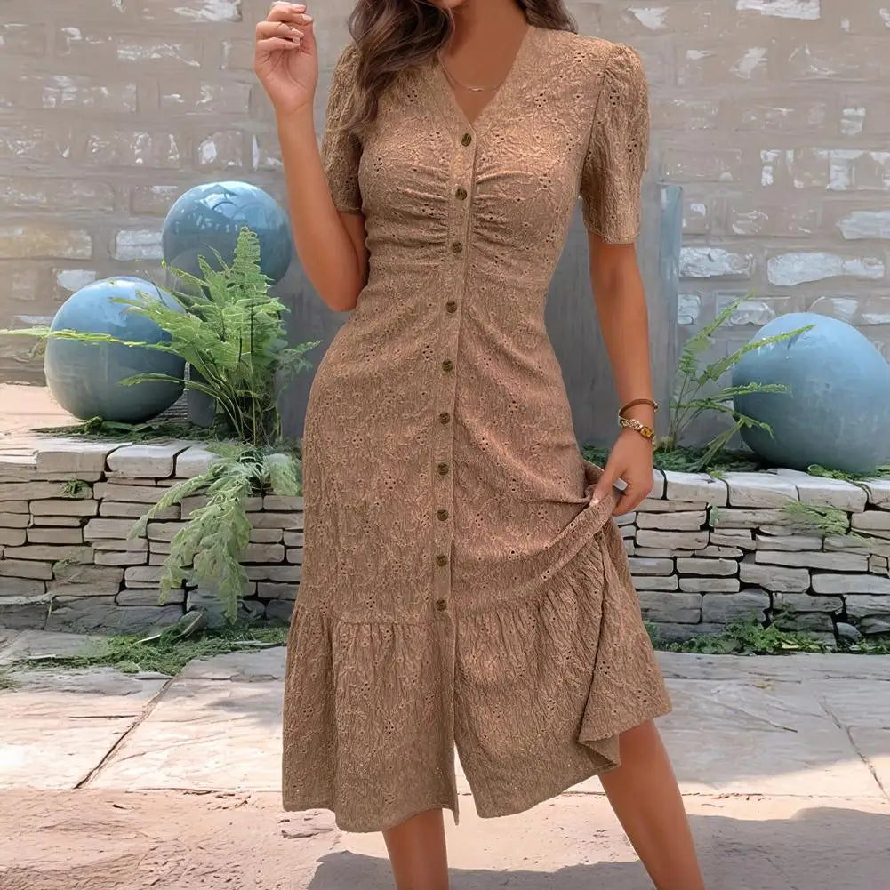 Women's Button Down Ruched Long Dress Summer Beach A-Line Swing Sundress Casual Short Sleeve V-Neck Maxi Dress