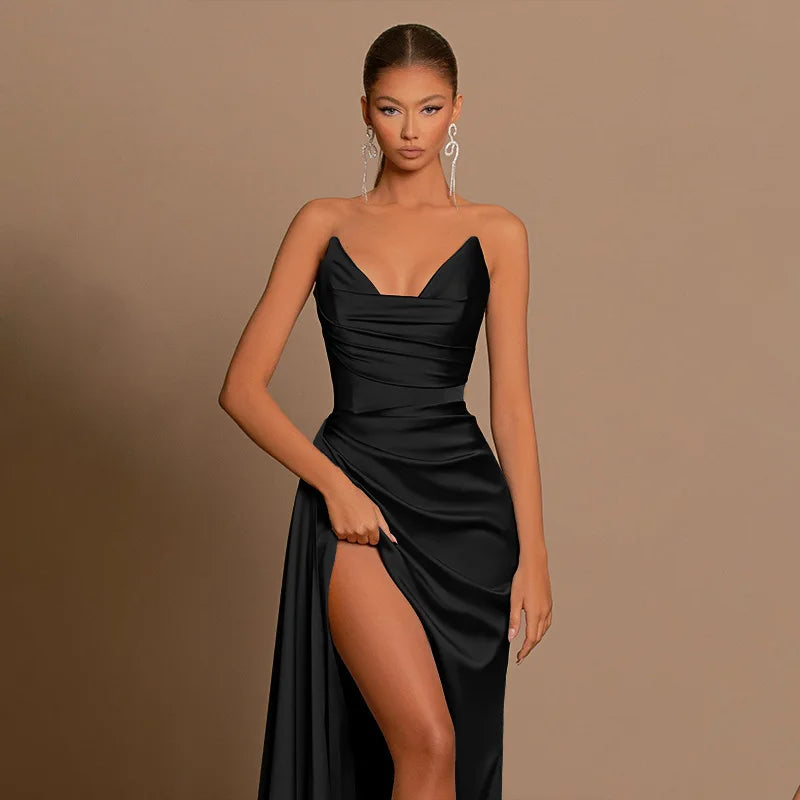 Elegant Strapless Solid Evening Gown Chic Satin Corset Dress for Women V-neck Split Blue Long Dress Lady Summer Party Dress up