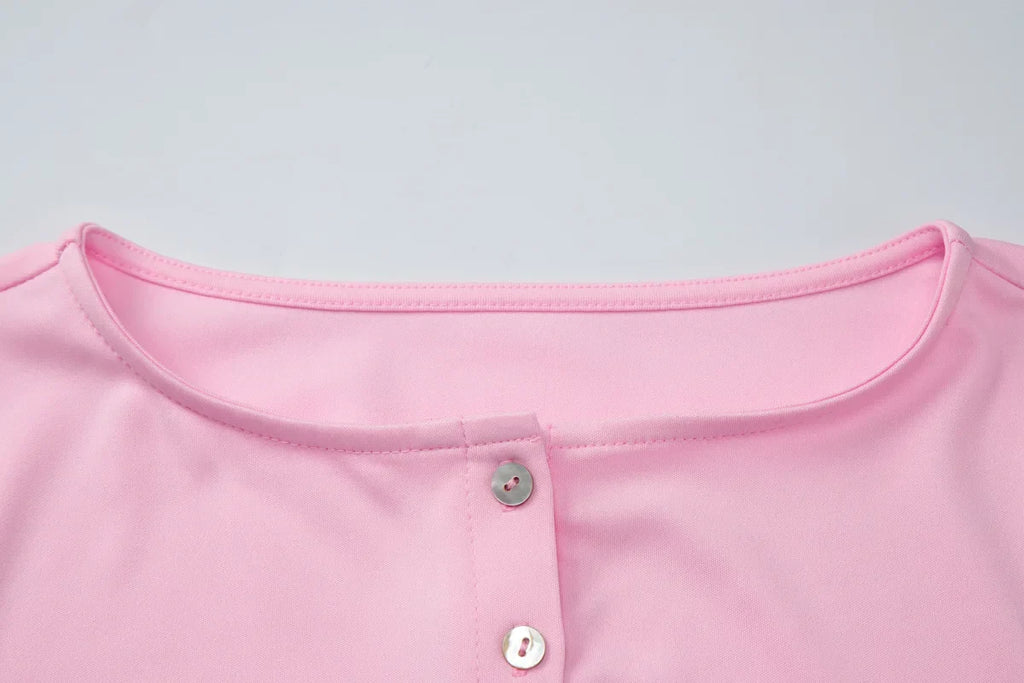 FDYOUI Pink T-shirts 2026 Summer Woman Clothes O-neck Single Breasted Cardigan Tops Female Short Sleeve Slim T Shirt Streetwear