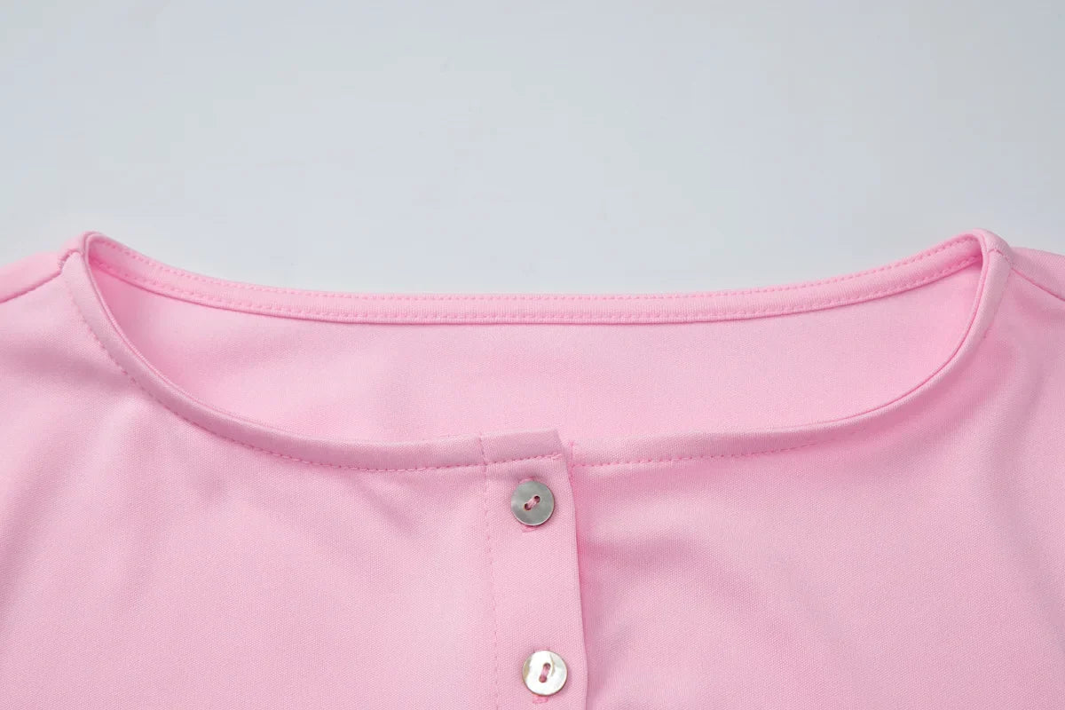FDYOUI Pink T-shirts 2026 Summer Woman Clothes O-neck Single Breasted Cardigan Tops Female Short Sleeve Slim T Shirt Streetwear