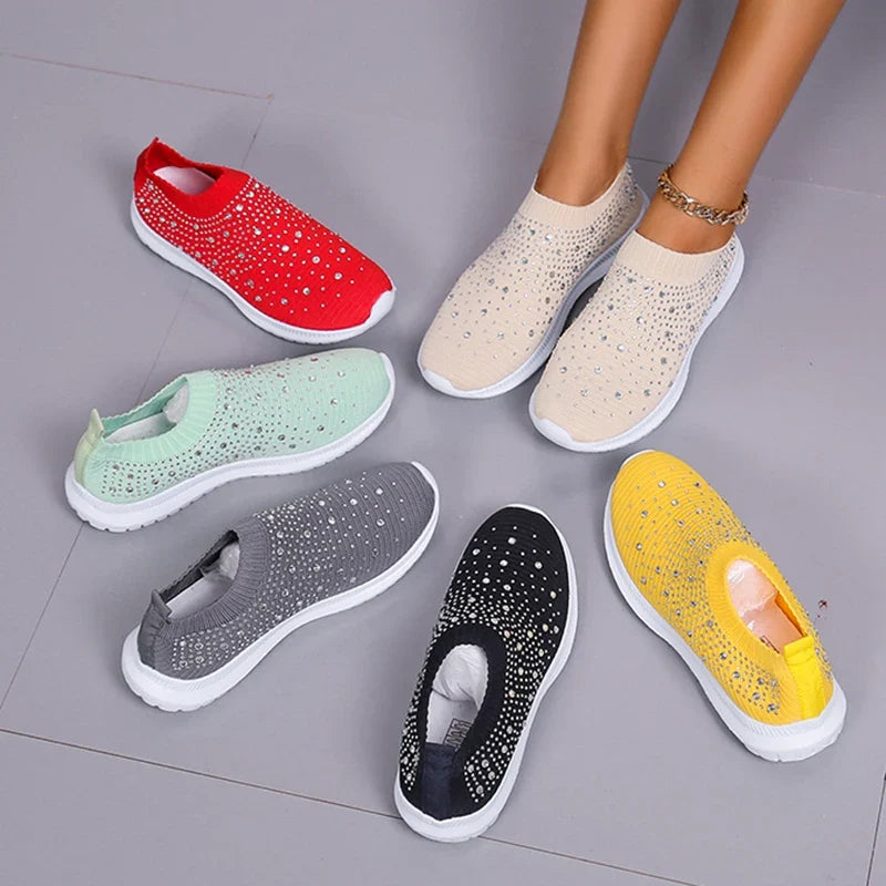 Women's Slip-On Crystal Sneakers 2025 Breathable Mesh Plus Size 35-43 Casual Flats Women Comfort Soft Sole Running Walking Shoes