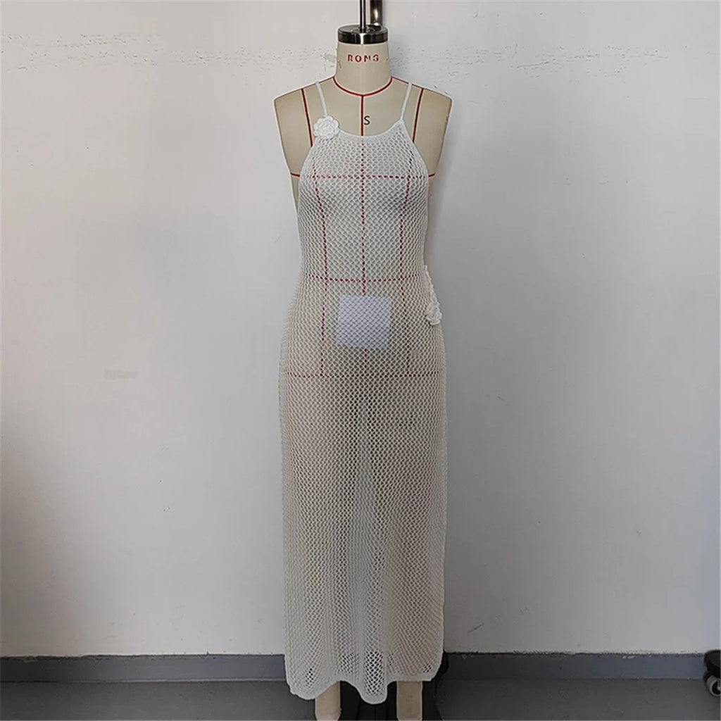 3D Flowers Hollow Out Backless Crochet Knit Tunic Beach Cover Up Cover-ups Beach Dress Beach Wear Beachwear Female Women K6561
