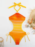 Sexy Orange Gradient Swimsuit Women Hollow Out Backless Lace One Piece Swimwear 2025 Beach Bathing Suit Drawstring Side Monokini
