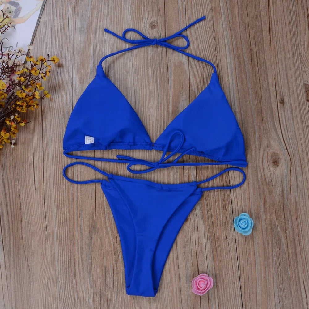 Women Thong Bikini Set Side Tie Sexy Swimsuit Bandage Style Brazilian Swimwear Woman Clothing Red/Blue/Black/White/Wine Red/Pink