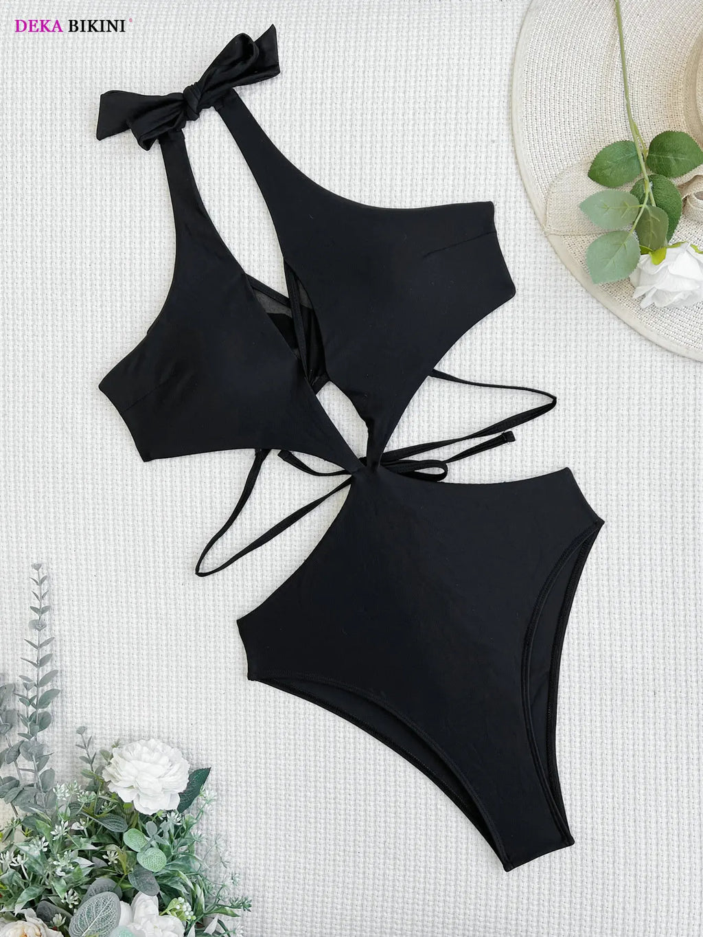 DEKA Women Mesh One-Piece Swimsuit Solid Black V-neck Swimwear Wrap Front Cutout Sexy Monokini Bathing Suits Beachwear