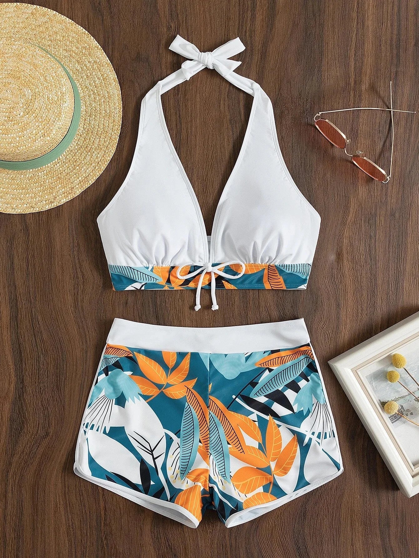 2026 Summer Women's Print Patchwork Swimsuit Sexy Deep V Neck Back Lace-up Swimwear High Waist Shorts Tankini Bathing Suit Beach