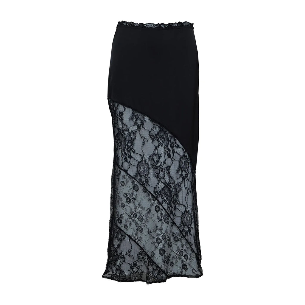 Women's Summer Satin Lace Patchwork Long Skirts Mid Waist Solid Color Fashion Elegant Asymmetric Skirts
