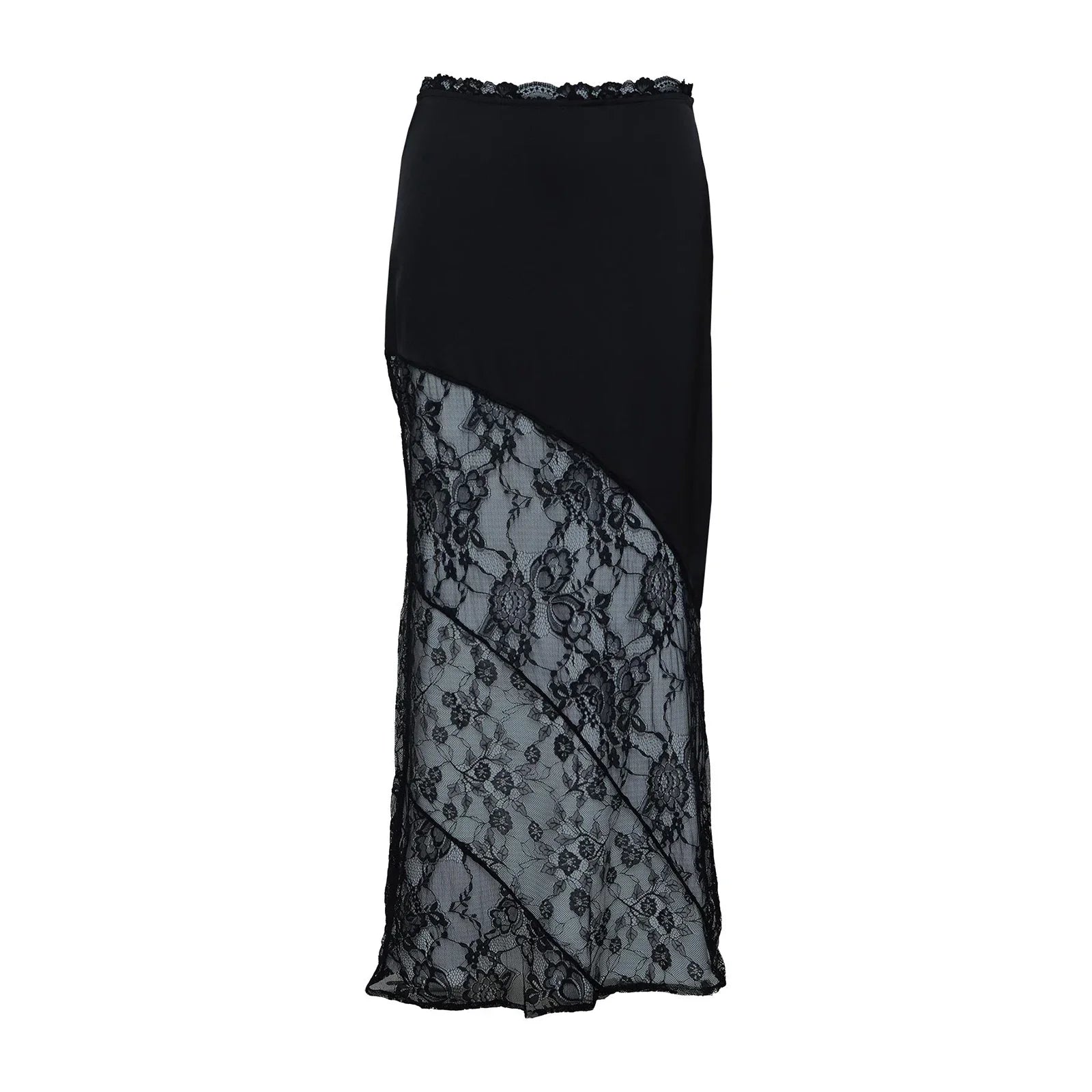 Women's Summer Satin Lace Patchwork Long Skirts Mid Waist Solid Color Fashion Elegant Asymmetric Skirts