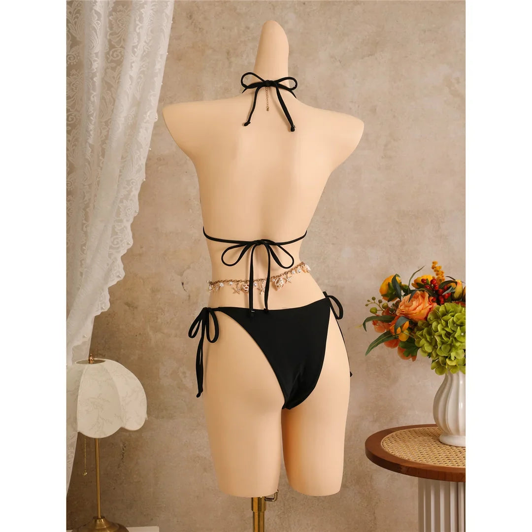 With Floral Dress Printed Halter Bikini Female Swimsuit Women Swimwear Three-pieces Bikini set Bather Bathing Suit Swim V8204