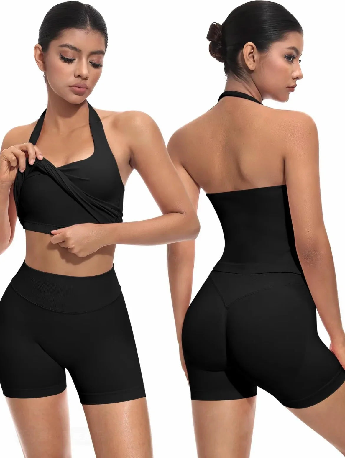 2PCS Seamless Halter Neck Yoga Set Push up Sports Bra And High Waist Butt Lift Fitness Shorts Tummy Control Fitness Wear