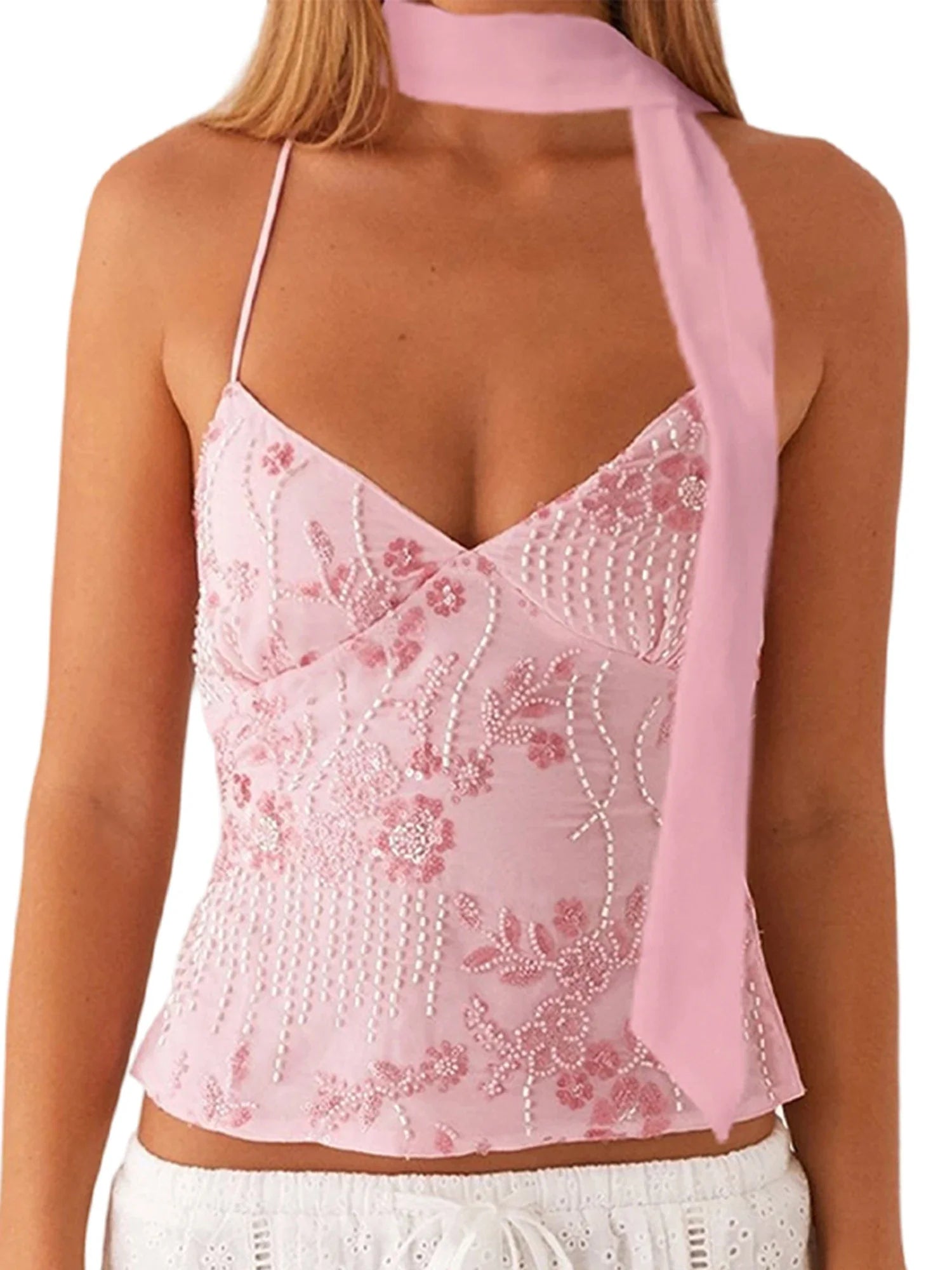 Women Camisoles Sequins Beaded Flower Embroidery V-Neck Casual Camis Tops Summer Fashion Sleeveless Crop Tops with Choker Scarf