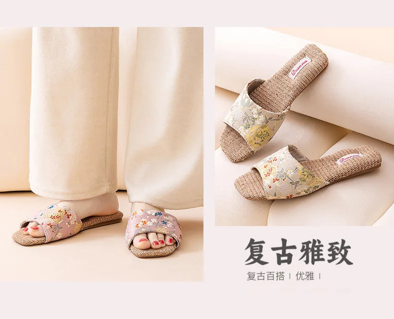 Breathable Indoor Linen Slippers For Women Men Home Floor Shoes Chinese Style Emrobidery Anti-slip Couples House Bedroom Slides