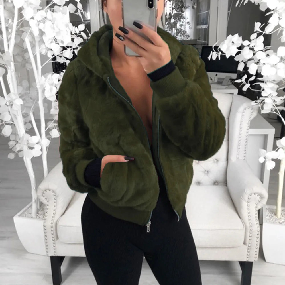 Phantasy Women's Hoodies Women Clothing Streetwear New Style Fashion Hooded Imitation Fur Plush Coat Solid Color Jacket Female