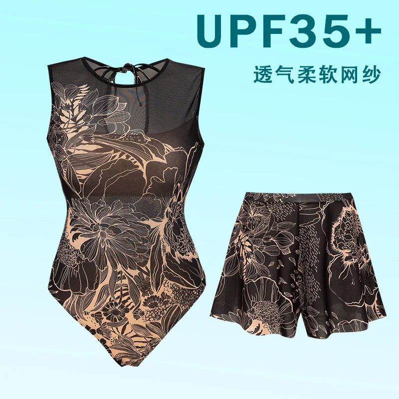 UPF 35+ Retro Sleeveless Swimwear Bodysuit High-end Mesh One Piece Swimsuit Women 2026 Sexy High Cut Bathing Suit with Cover Up