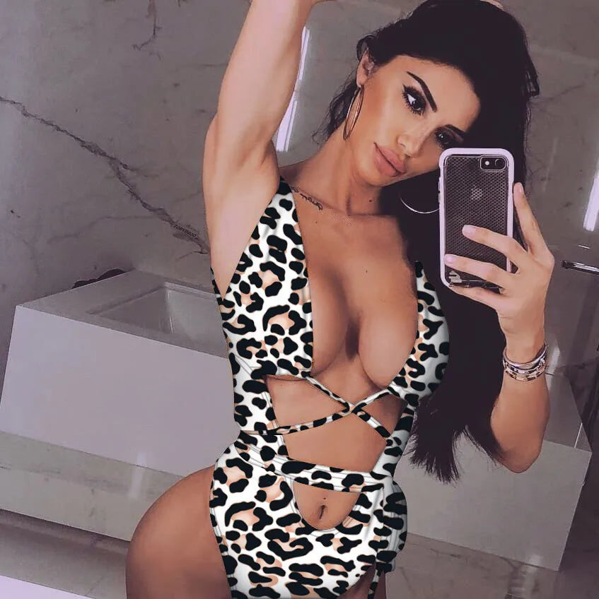 6 Colors New Sexy One Piece Swimsuit Swimwear Women Leopard Snakeskin Print Hollow Cross Straps One-piece Bathing Suit Beachwear