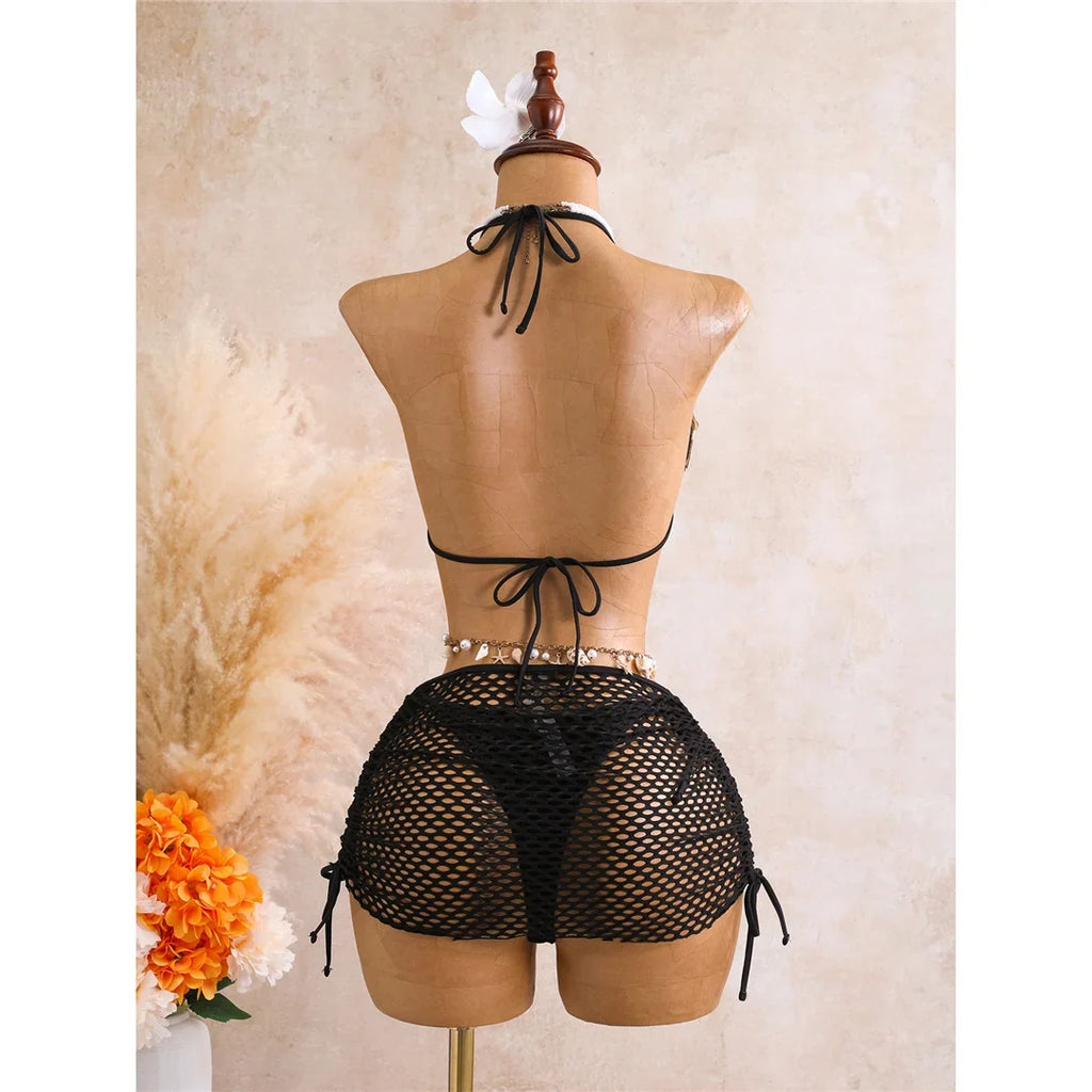 With Skirt 3D Flower Halter Bikini Women Swimwear Female Swimsuit Three-Pieces Bikini Set Padded Bather Bathing Suit Swim  V8346