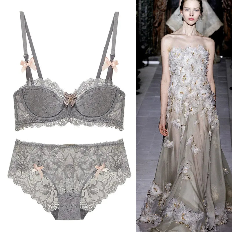 Modest French Pure Desire Bralette AB Cup Full Coverage Lace Bra & Set Small Bust Push Up Wireless for Chubby Girl Bow Plus Size