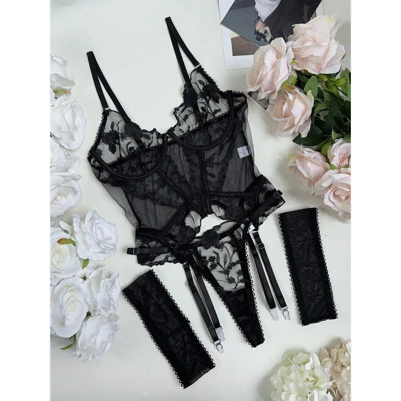 Toucheart Christmas Erotic Lingerie Seductive Embroidery Mesh Women See-through Body Shaping Sexy Pure Desire Hot Underwear Set