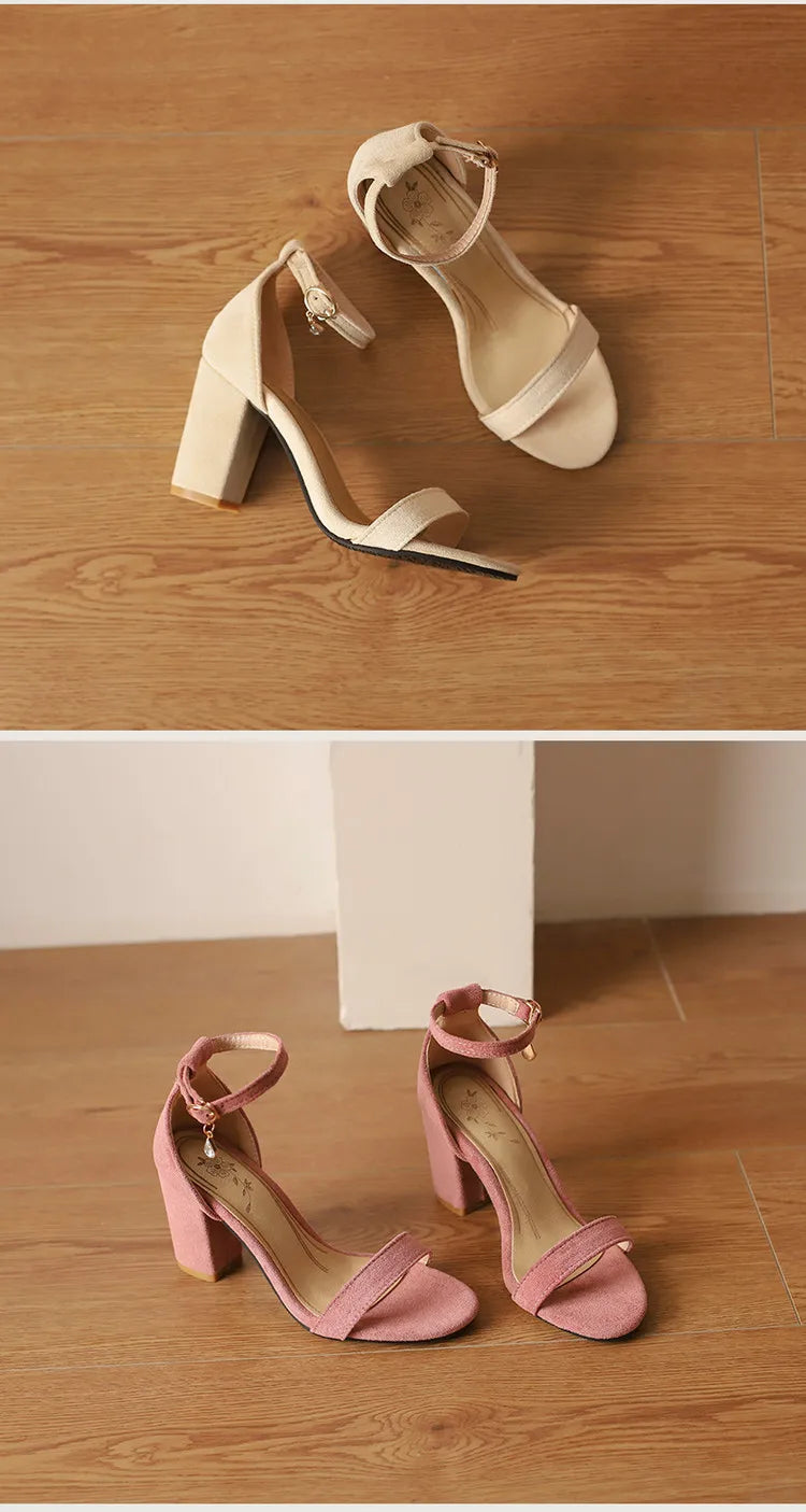 Beige Suede Ankle Strap Block Heel Sandals for Women, Round Open Toe with Rhinestone Accent, Multiple Colors Available