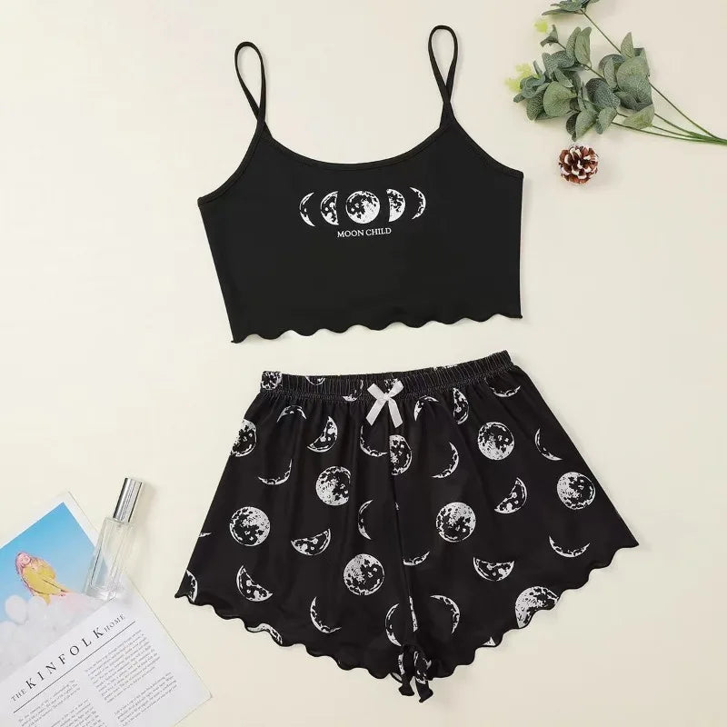 Women Pajamas Sleepwear Pajama Set Sports Camisole And Shorts Pink Moon And Planet Print Summer Soft Comfortabl Casual