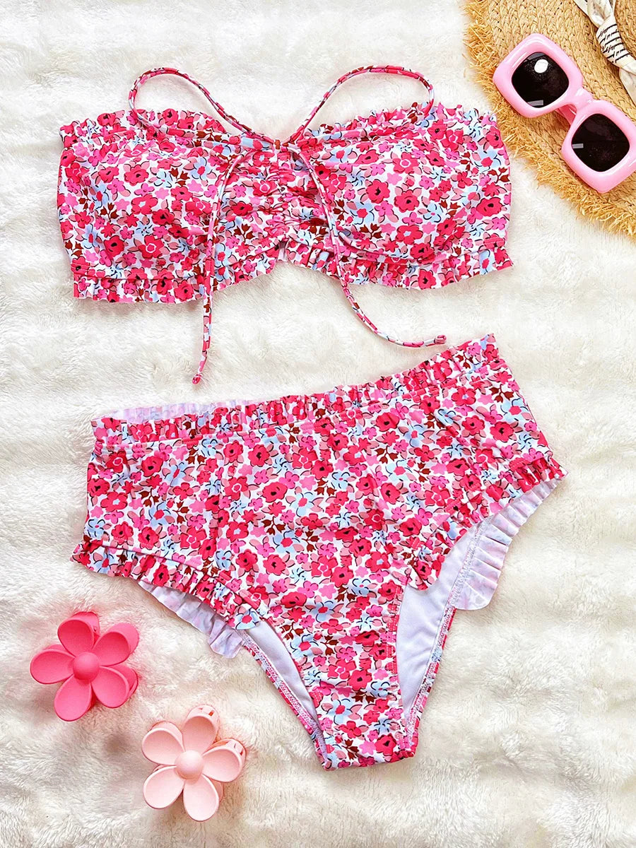 Flowers Printed Ruffled Bandeau Female Swimsuit High Waist Bikini Women Swimwear Two-pieces Bikini set Bather Bathing Suit Swim