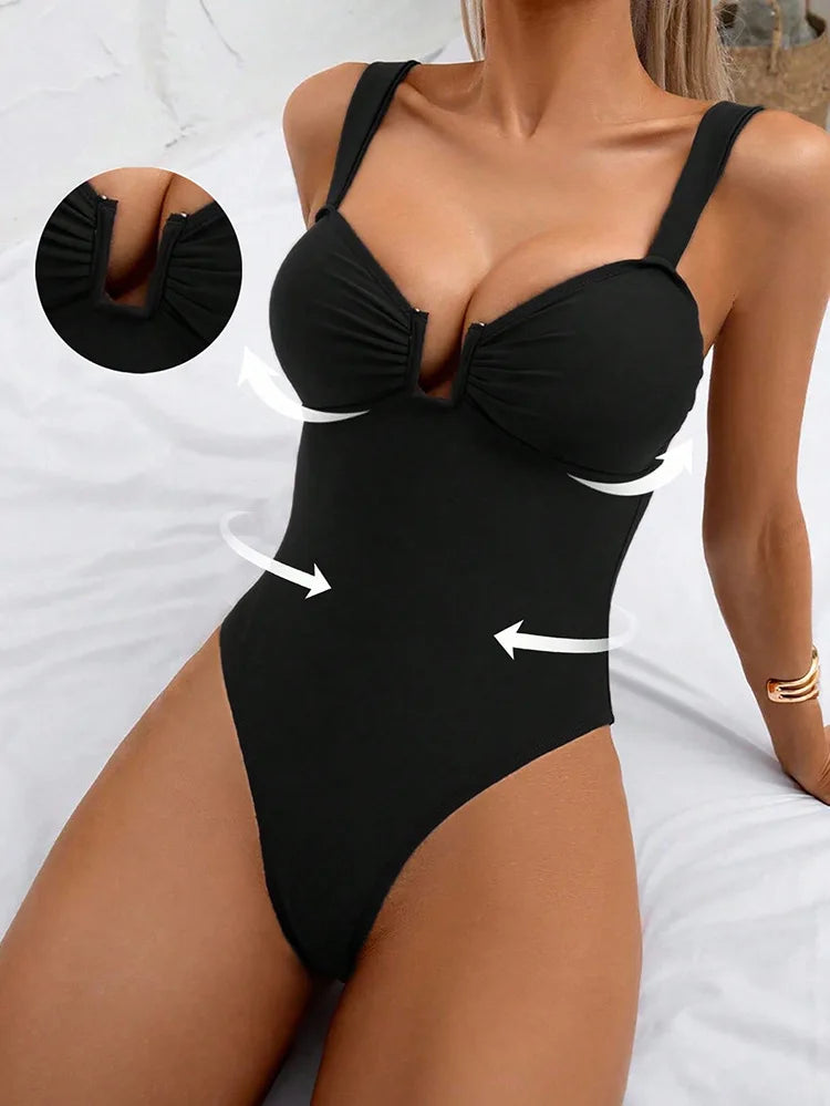 2026 Plain Ruched Swimsuit Women One Piece Solid Swimwear Female Beachwear Bathers Bathing Swimming Swim Bodysuit Summer