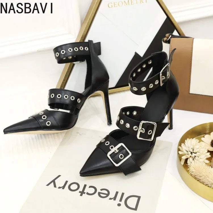 NASBAVI Black Punk Gothic High Heels Sexy Plus Size Pointed Toe Fashion Buckle Rivet Women Pumps Wedding Shoes Stiletto Heels