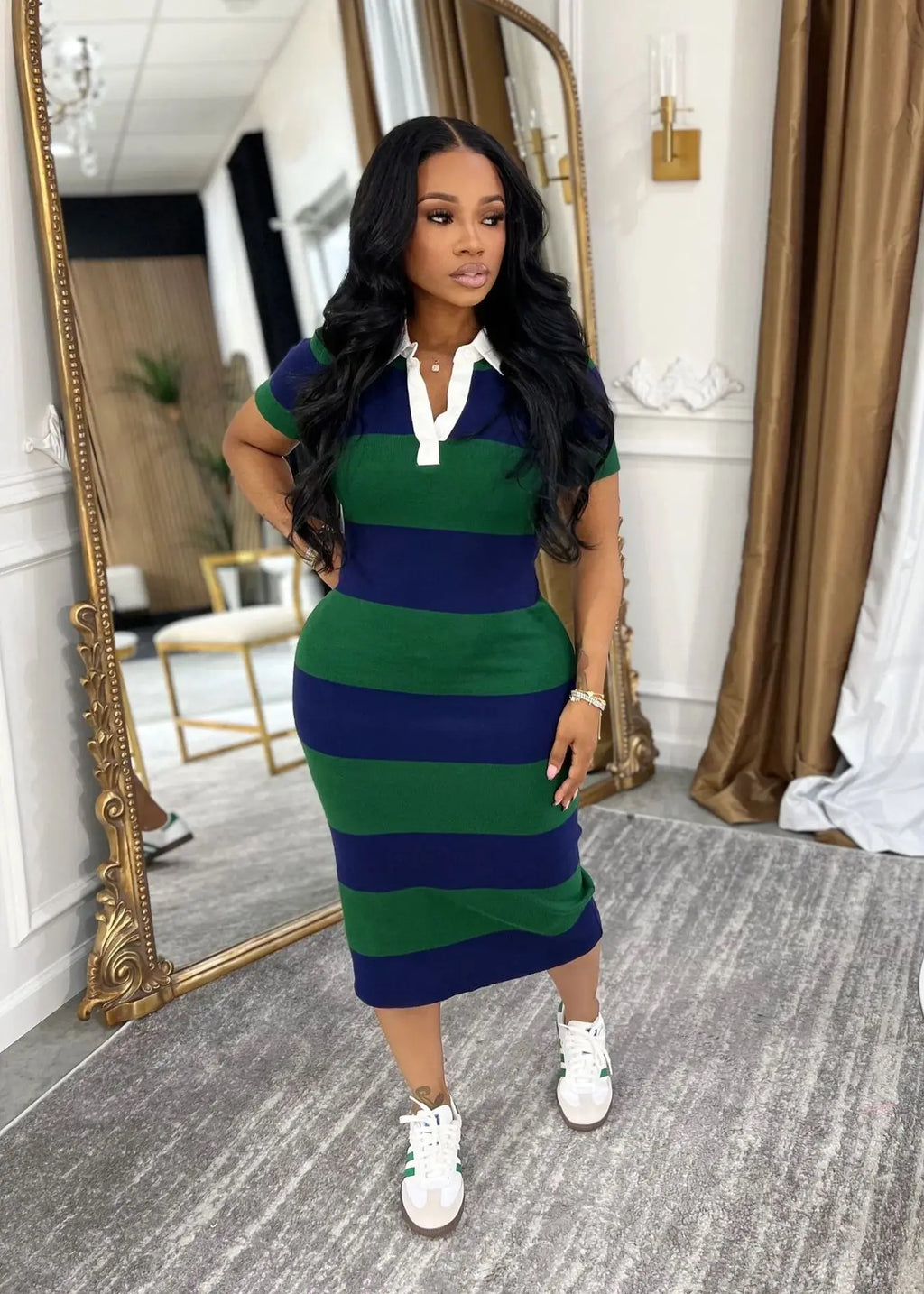 Summer women's fashionable lapel contrasting color slim fit slit dress