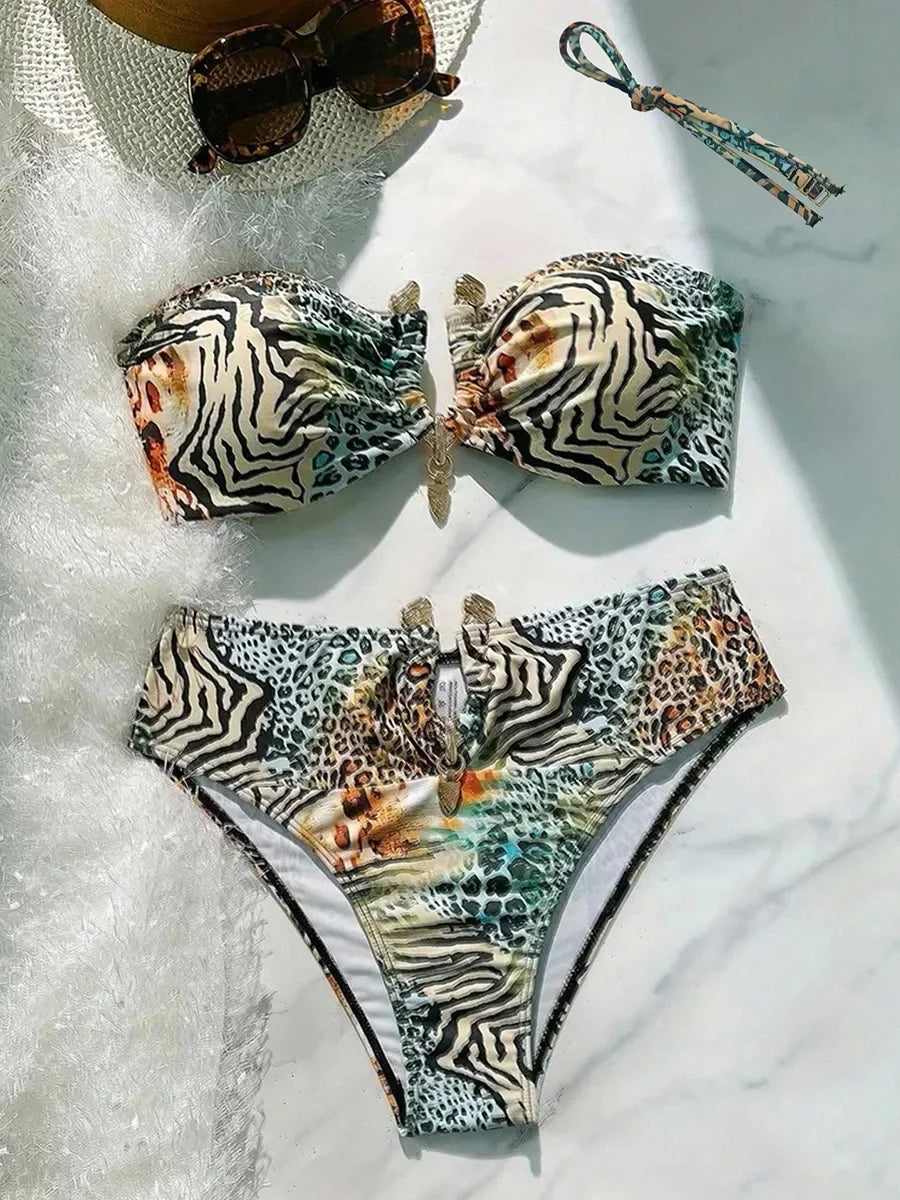 S - XL Leopard Bandeau Bikini Female Swimsuit Women Swimwear Two-pieces Bikini Set Strapless Bather Bathing Suit Swim Beach Wear