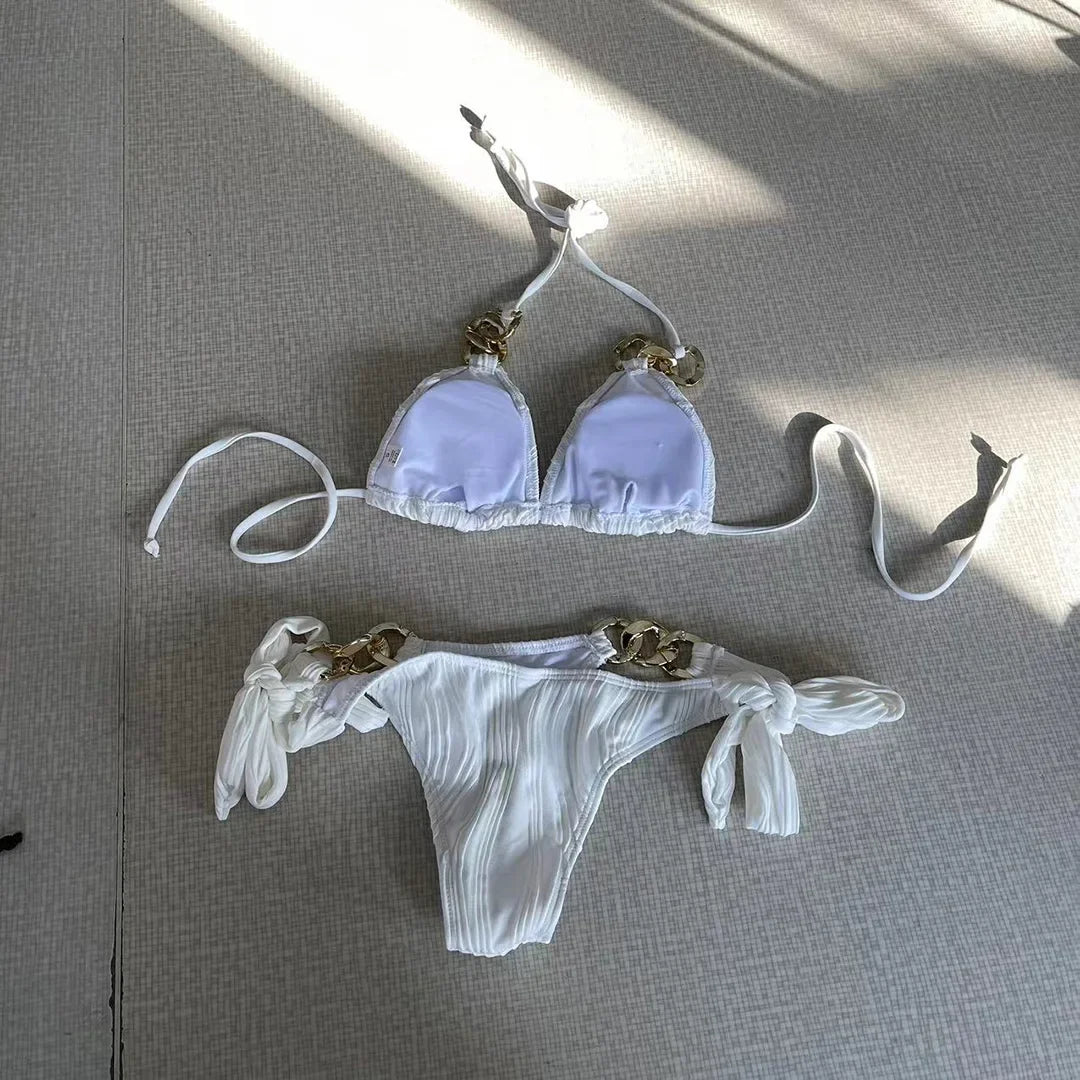 Halter Metal Rings Bikinis Wrinkled Bikini Female Swimsuit Women Swimwear Two-pieces Bikini Set High Cut Bathing Suit Swim Lady