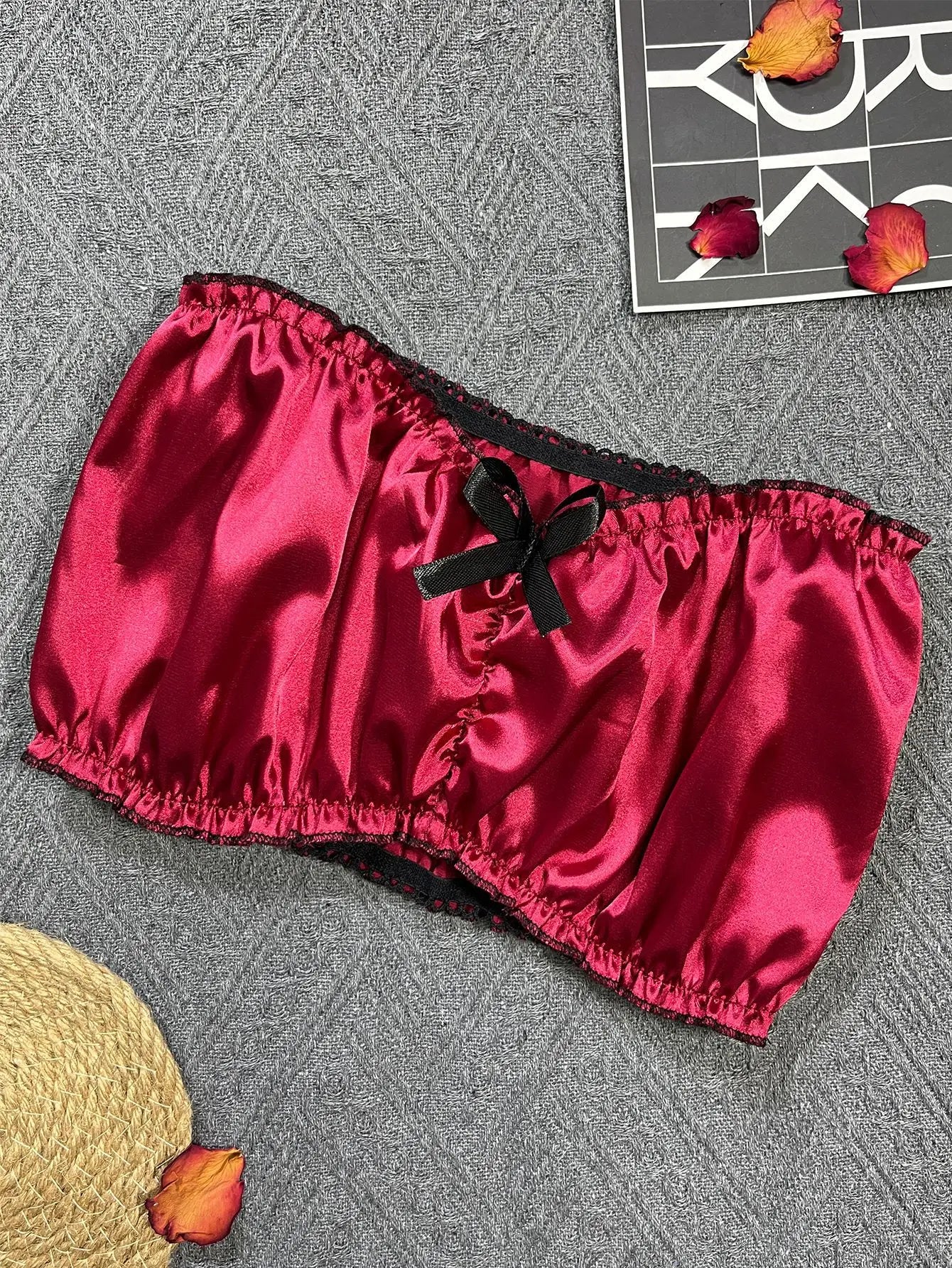 Women's Sexy Lingerie Set Black Lace Trim Strapless Tube Top + Shorts Solid Color Outfits Chest Wrap Backless Crop sleepwear