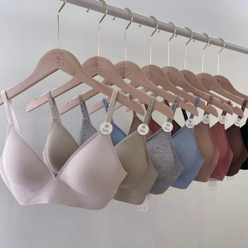 Plunge Non-wire Triangle Cup Bra Women's Invisibale Underwear Letter Straps Ribbed Bralette Sexy Lingerie Sleep Intimates S-XL